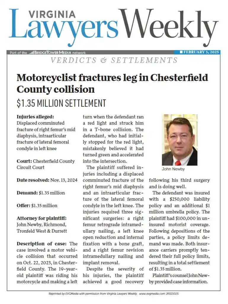 motorcycle accident settlement of $1.35 million dollars won by John New