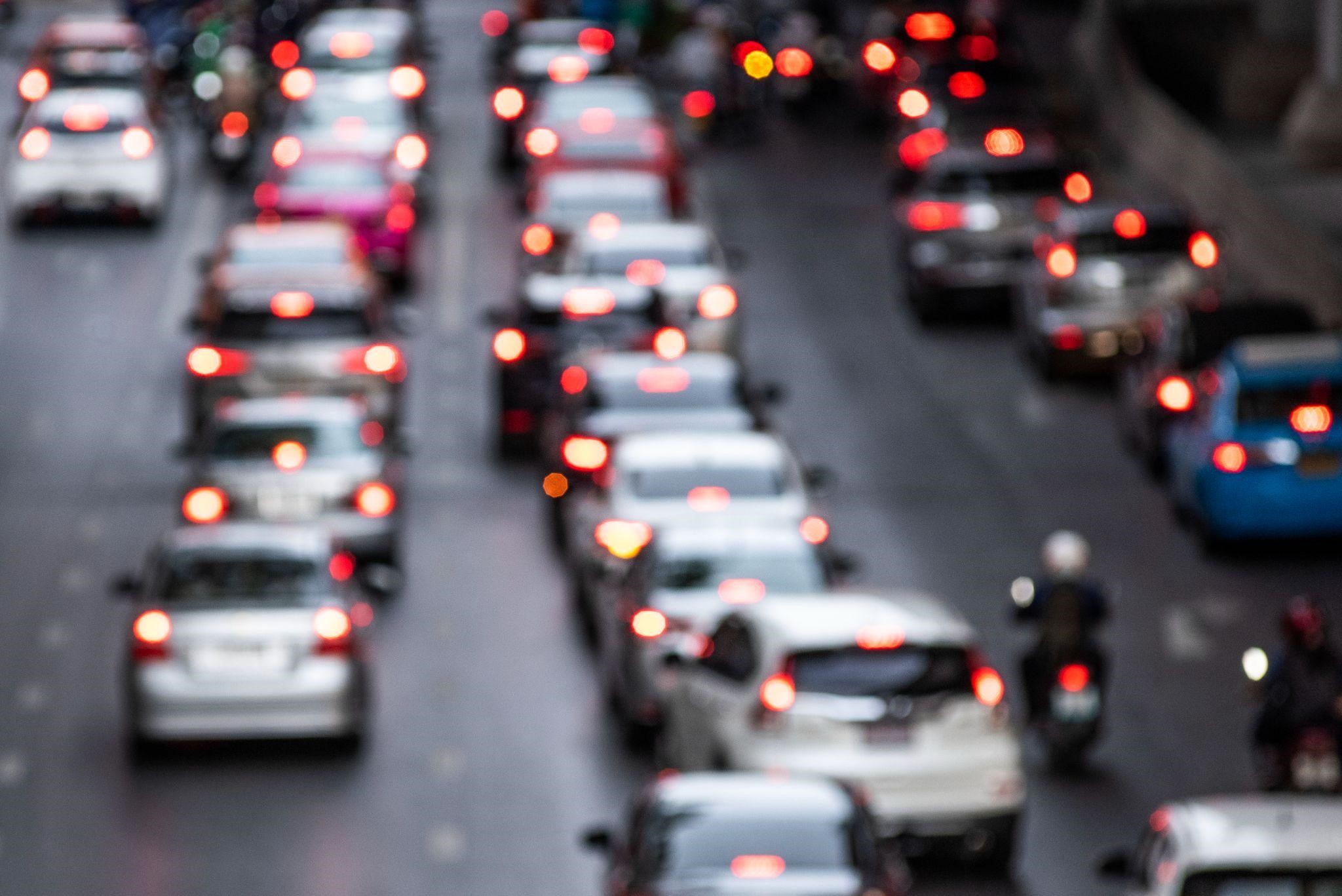 cars lined up in heavy traffic