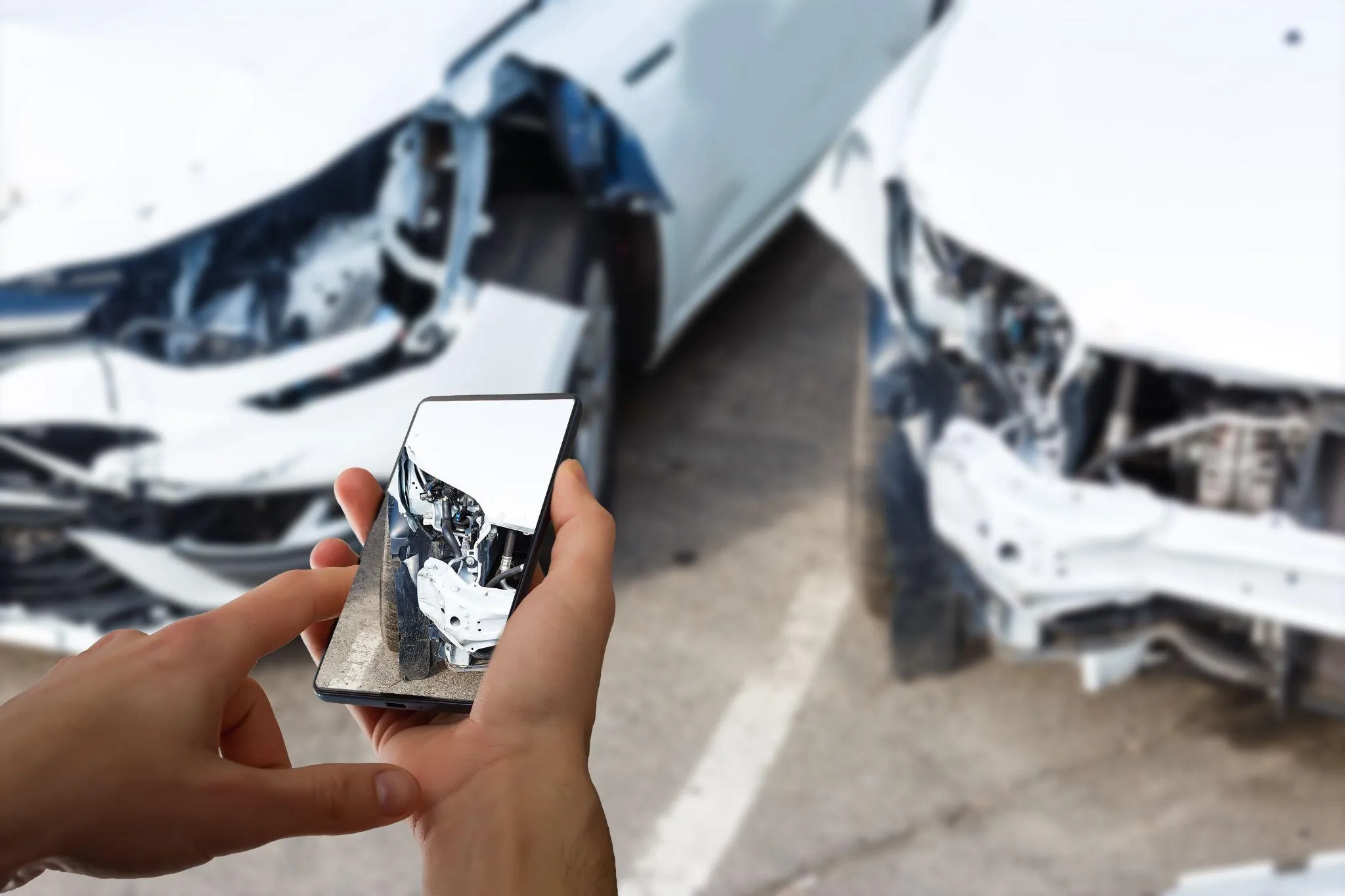 person taking a picture of the wrecked white cars