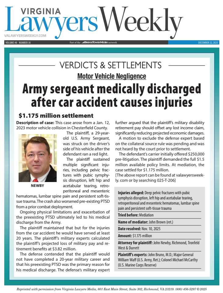john newby's case featured in the VA Lawyers Weekly magazine